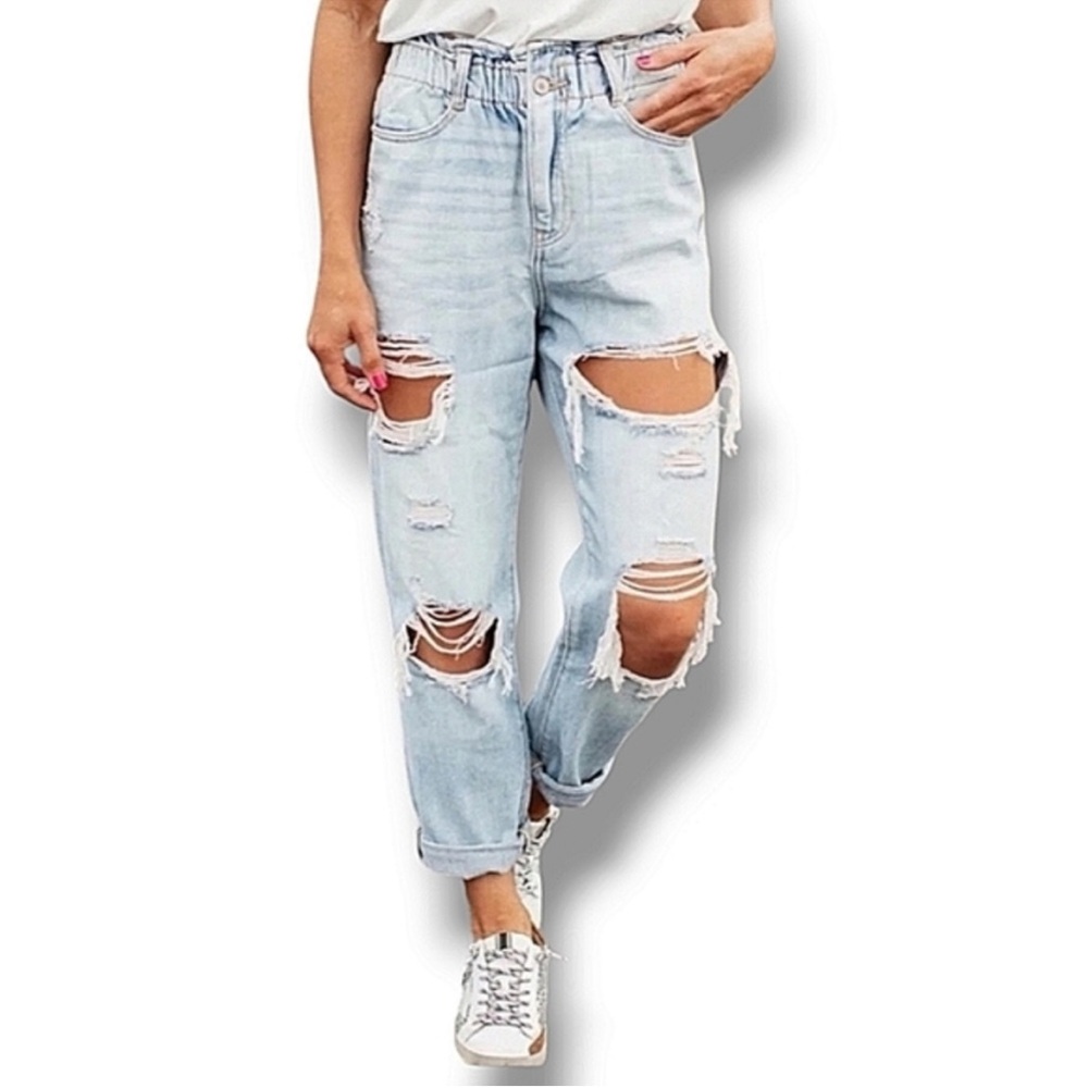 KanCan Light Blue Distressed Mom High‎ Waist Relaxed Thigh Paperbag Jeans 9/28